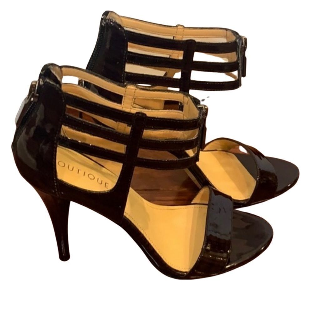 Boutique 9 brown patent leather caged ankle heel 6